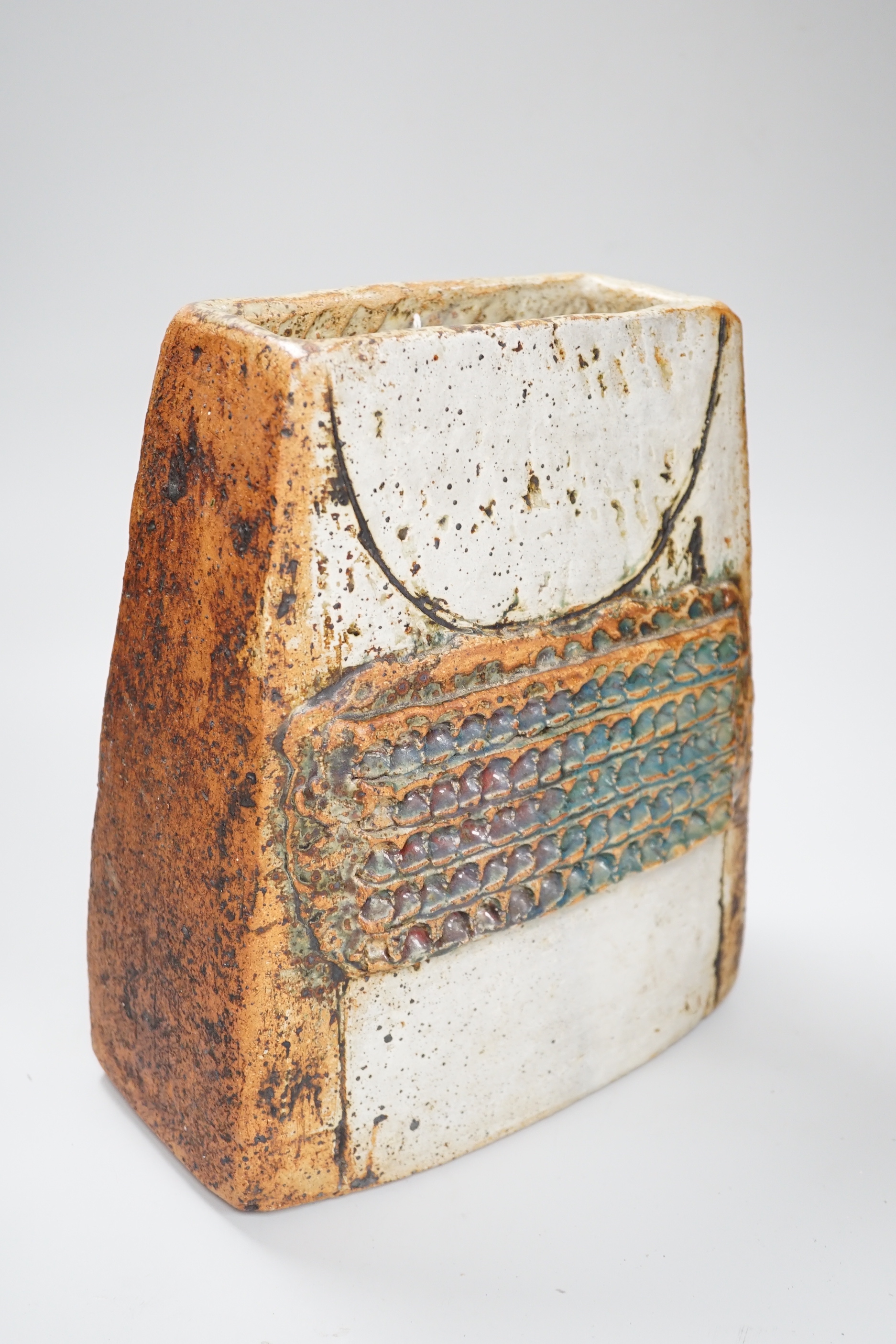 A large Troika-type stoneware vase with incised and relief decoration, 30cm high